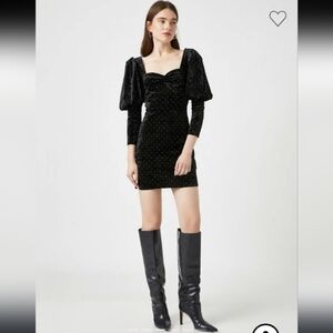 Koton Black Velvet Silver Studded Whimsigoth Puff Sleeve Sweetheart Neck Mini
